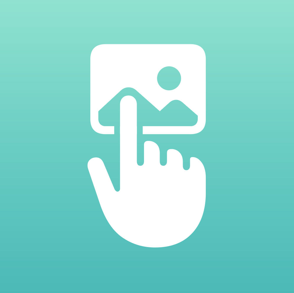 App icon of ImageExplorer, which shows a hand with the index finger touching an image.
